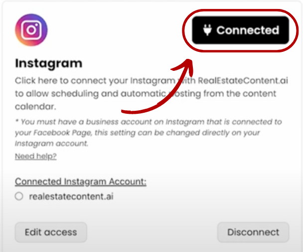 Connect instagram to realestaetcontent.ai social media calendar