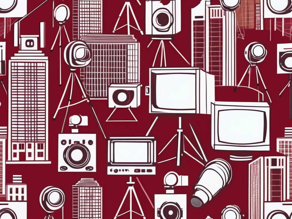 A city skyline with various forms of media equipment like cameras