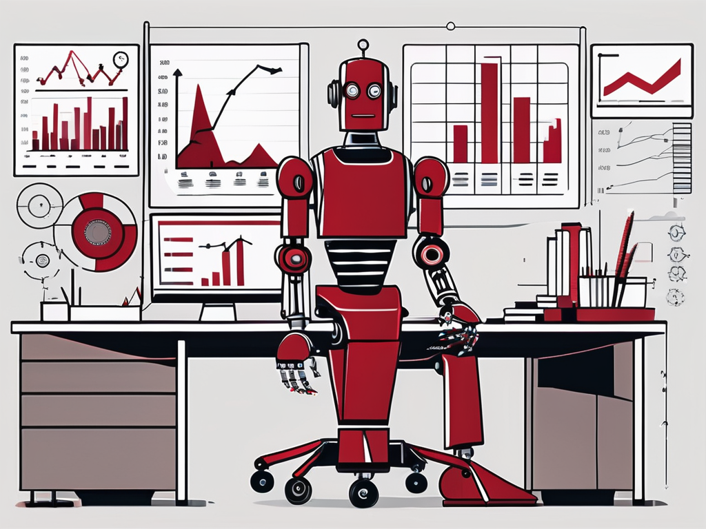 A robot sitting at a desk with financial charts and graphs